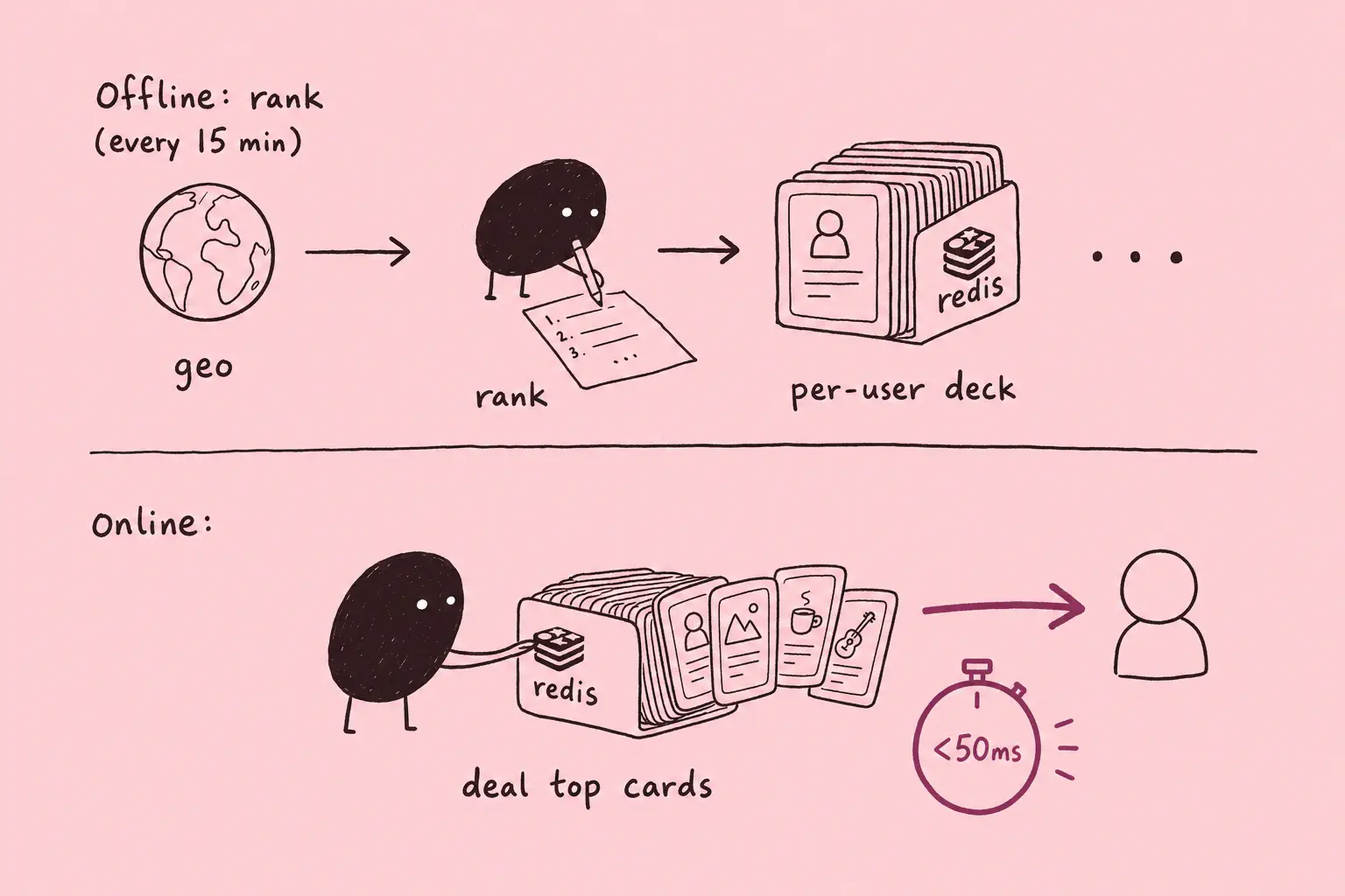 Xiaohei precomputing each user's recommendations offline into a Redis deck and dealing the top cards in under 50ms